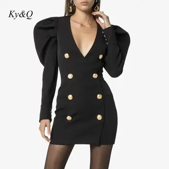 

Luxury 2019 Winter Europe Style Runway Double-breasted V-neck Slim Thin Vintage Puff Sleeves Black Bodydress Night Sexy Party