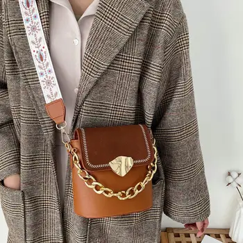 

Fashion Bucket Bag Metal Chain Solid Color Sequins Flap Cross Body Bag 2020 Wide Shoulder Strap Women PU Shopping Bag
