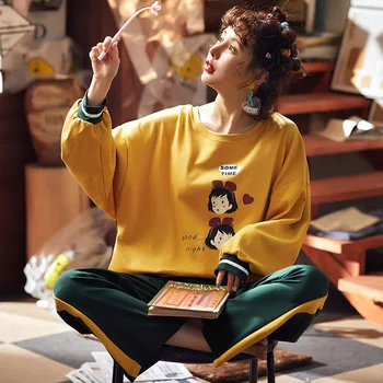 

Autumn Ma'am Full Cotton Pajamas Long Sleeve Trousers Twinset Cartoon Suit-dress Home Furnishing Serve