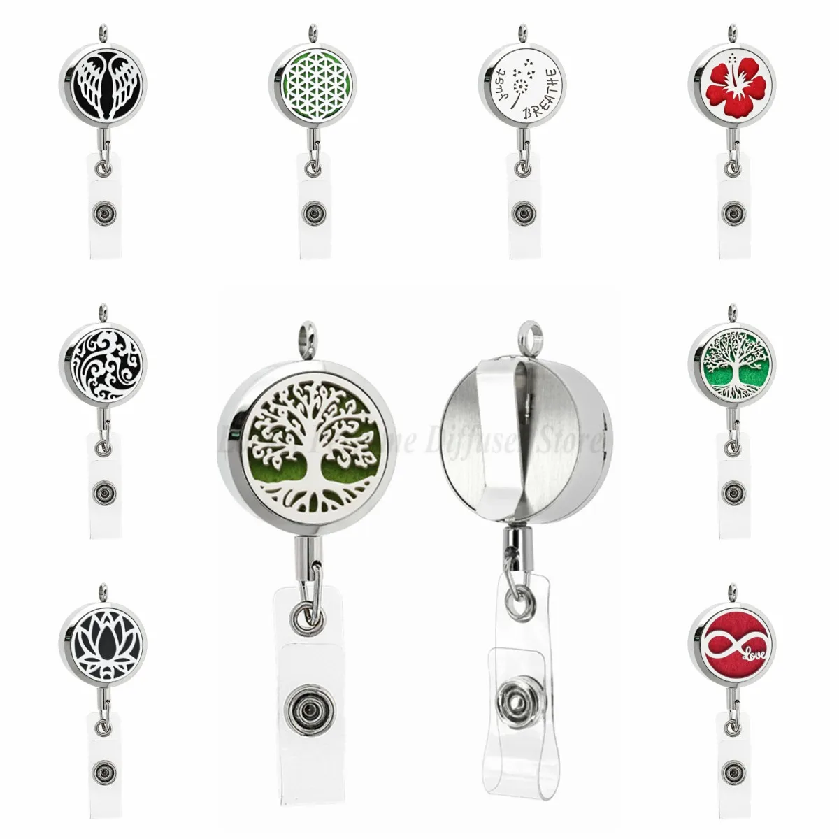 

30mm Staiinless Steel Student Card Nurse ID Integrated Diffuser Badge Holder Retractable Pendant Aromatherapy Necklace 10 pads