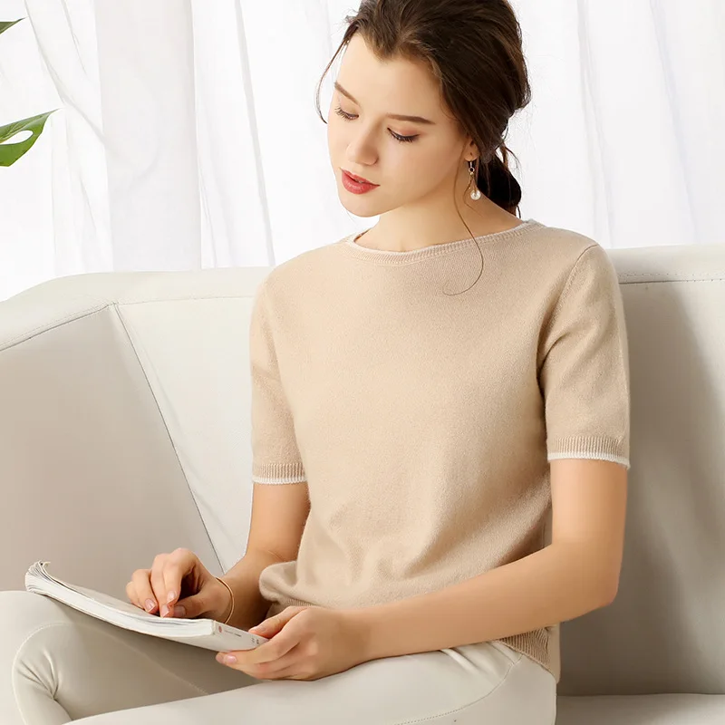 

2020 Spring And Autumn New Style Women's Cashmere Wool Short Sleeve Soft Loose Base Shirt Short Crew Neck Knitted Wool Short Sle