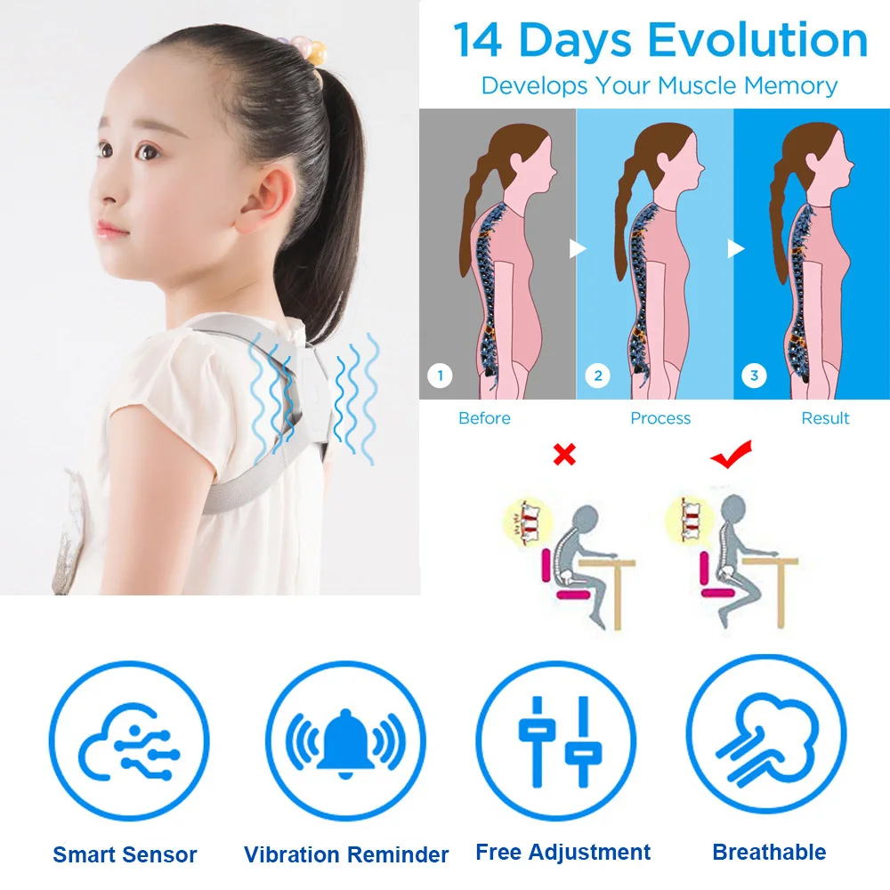 Description Picture 3 of itemSmart Posture Corrector Inteligente Back Brace Shoulder Support Vibration Sensor Corset for Children Adults Sit Correction Belt