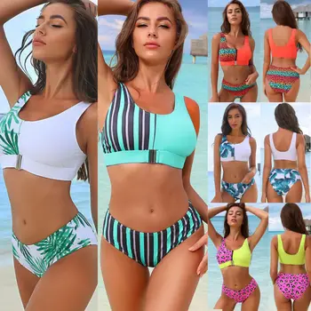 

Summer Sexy Woman's Bikini set Female Swim Two-Piece Suits for Ladies Leopard Zip Swimwear Push-up Padded Bra Bathing