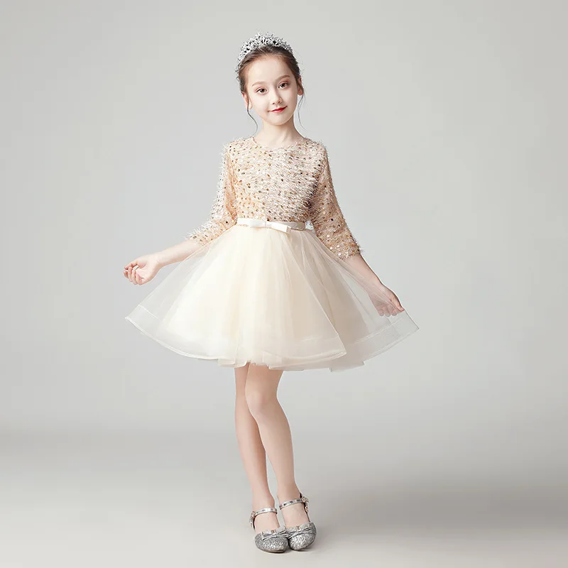 

Noble Baby Infant Champagne Puffy Birthday Wedding Party Princess Dress Little Girl Host Costumes Children Celebration Clothes