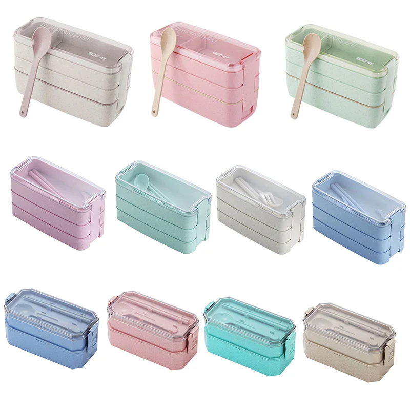 

3-Layer Portable Wheat Straw Lunch Box Dinnerware Microwave Bento Box Food Storage Case Container For Student School Office Home