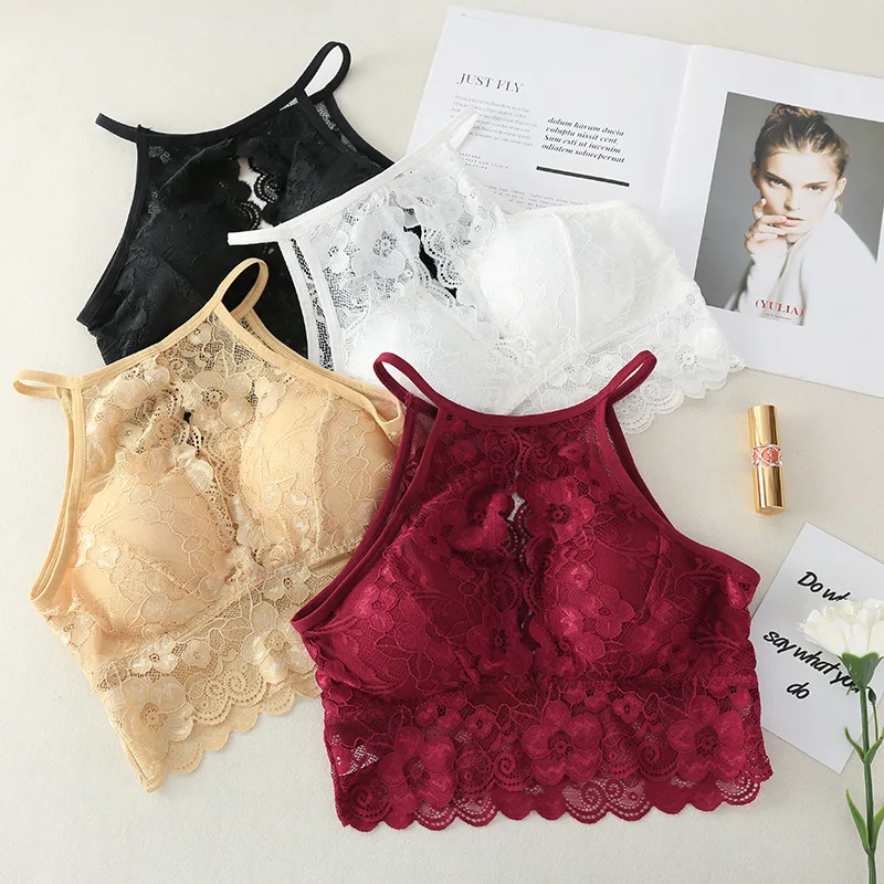 

Lace Bralette Bras Open Front And Back Removable Padded Bralettes Push Up Bra High Neck Wireless Sexy Lingerie Soft Underwear