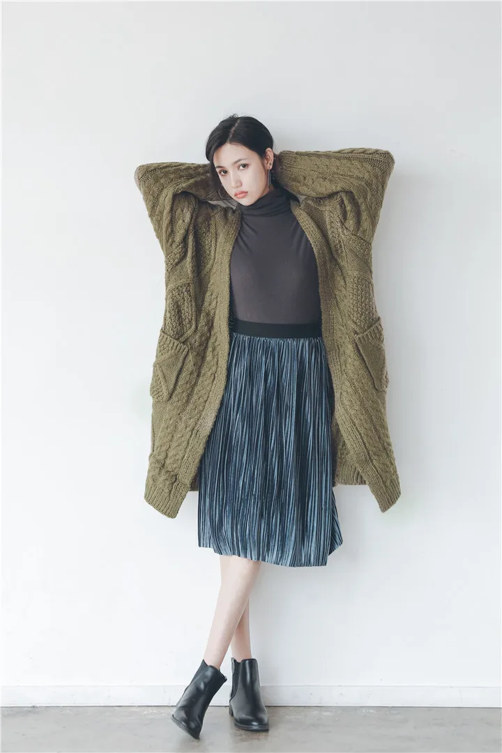 Корейский Ulzzang осень зима для женщин утепленная верхняя одежда негабаритных повседневное свободные карманы длинный свитер Винтаж теплый элегантный кардиган