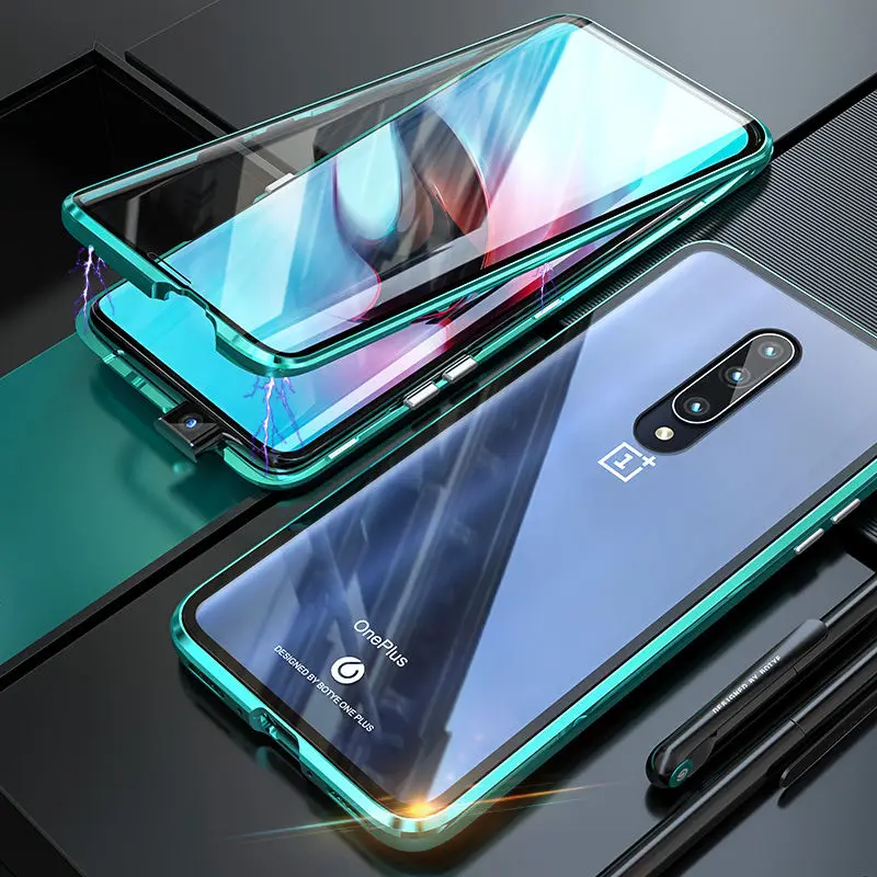 360 Полный Магнитный чехол для Oneplus 7 Pro Oneplus7 металлический бампер Передняя сенсорная пленка закаленное стекло чехол One plus 7 Pro Чехол 7Pro On - Цвет: Full Green