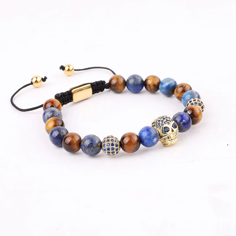 New Design Natural Stone Beads Blue CZ Pave Skull Charm Macrame Adjustable Bracelet Men - Image 2