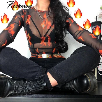 

Rockmore Fire Flame Print Mesh Tee Shirts Ladies See Through Hollow Out Crop Tops Long Sleeve Transparent Basic T-Shirt Women