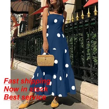 

Women Polka Dot Print Spaghetti Strap Boho Summer Beach Long Maxi Dresses