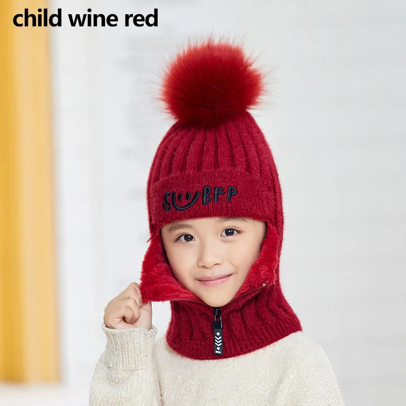 child wine red Зимние вязаные шерстяные шапки для детей, милые шапочки из пряжи, шапка, маска для лица, уличная Теплая Бархатная Толстая велосипедная шапка Skullies Bonnet - Цвет: child wine red