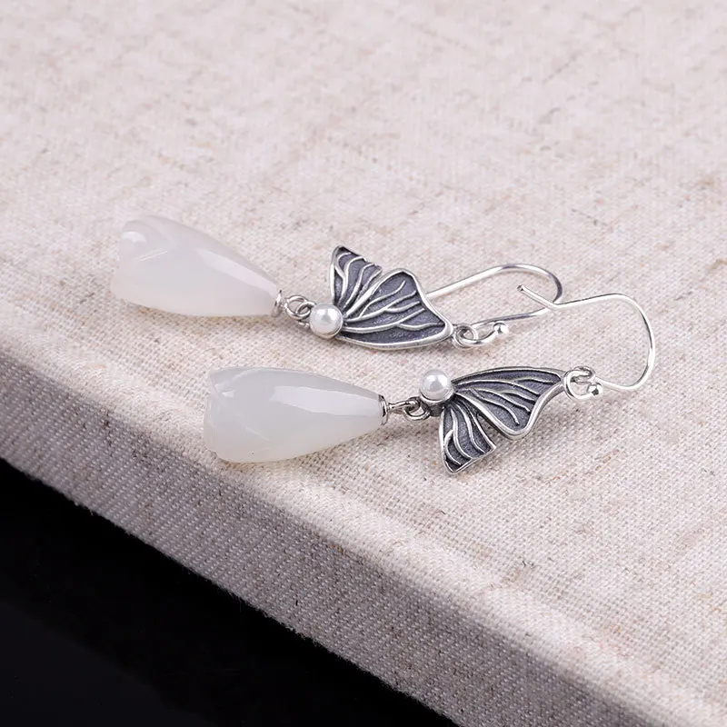 Uglyless Vintage Thai Silver Butterfly Earrings for Women Natural Jade Magnolia Dangle Earrings 925 Silver Pearls Brincos E1476