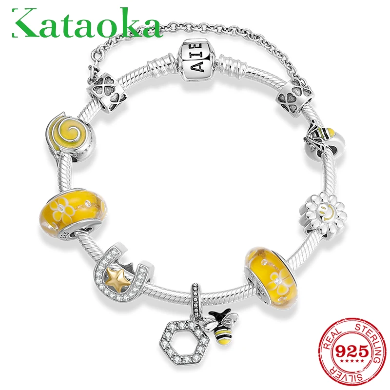 Модный 925 серебряный желтый Пчела Подсолнух и u-образные шармы бусины wuth стеклянные амулеты для женщин стеклянные бусины, украшения браслет