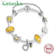 Модный 925 серебряный желтый Пчела Подсолнух и u-образные шармы бусины wuth стеклянные амулеты для женщин стеклянные бусины, украшения браслет