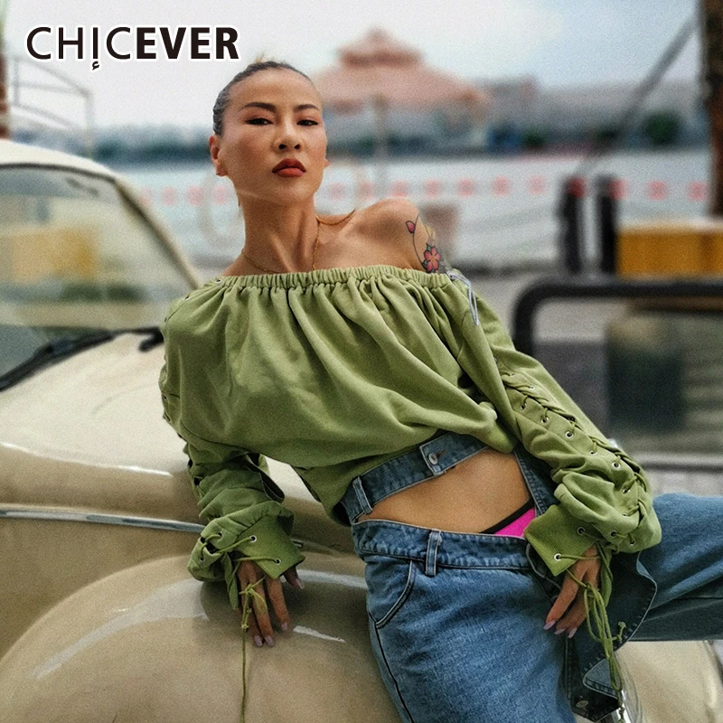 CHICEVER, сексуальная женская рубашка с рюшами, с открытыми плечами, с рукавами-фонариками, с кисточками, повязки, Короткие блузки, Женская Летняя мода, новинка