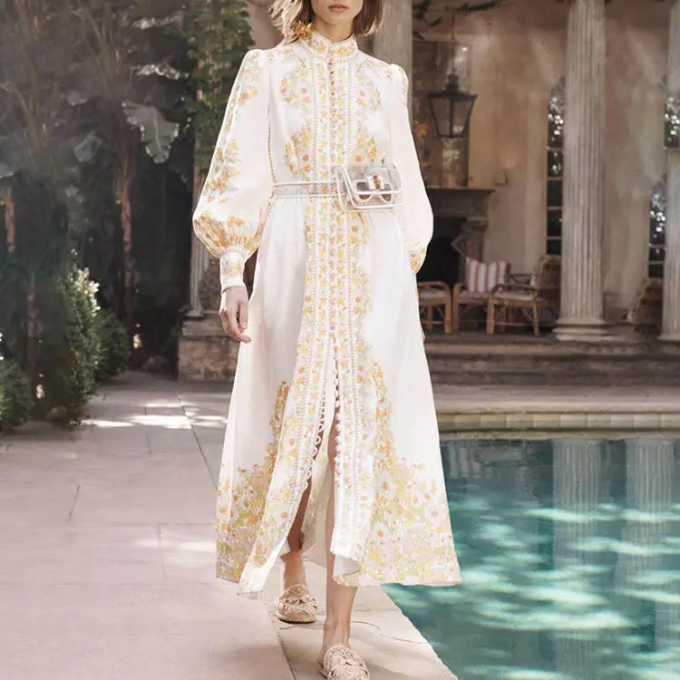 

Autumn Runway Designer Dress Women Vintage Single-breasted Long Sleeve Floral Printed Maxi Dress With Belt 2019 vestidos