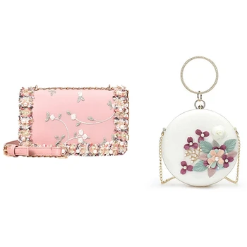 

1pcs Round Banquet Party Bag with Hasp Lock with 3D Flower & 1pcs Pu Leather Square Bag Flower Pearl Chain Messenger Bag