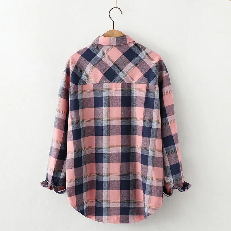 2020 New Autumn Winter Plaid Shirts Women Cotton Ladies Casual One Pocket Top Loose Plus Size Blouse Female Long Sleeve Blouses