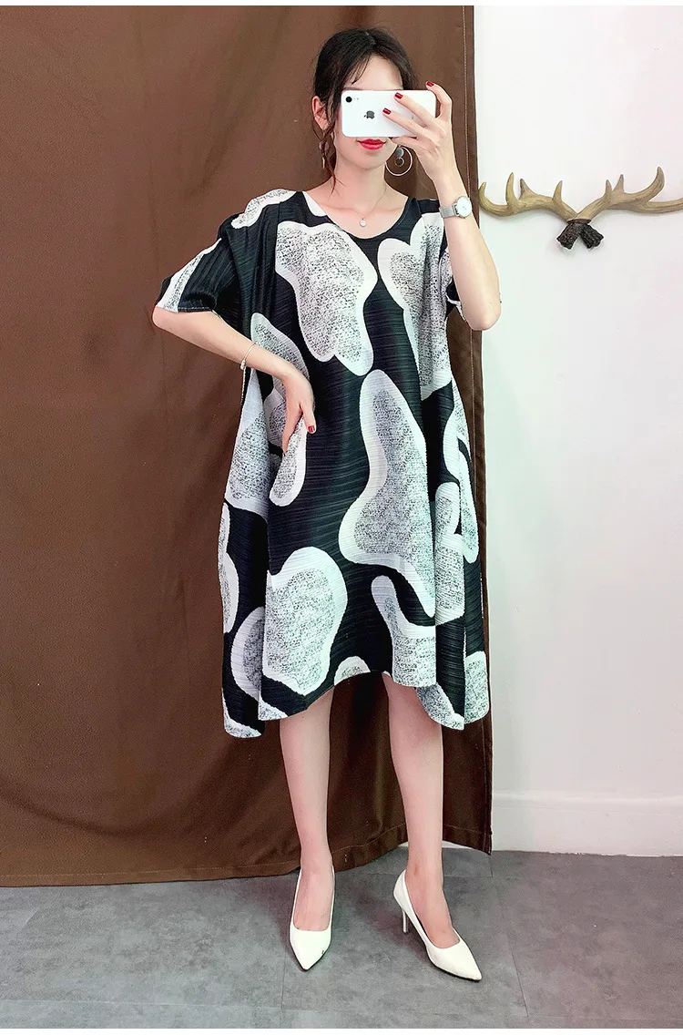 Issey плиссированные платья с принтом новые осенние вечерние платья с коротким рукавом и круглым вырезом длиной до колена размера плюс складные женские платья