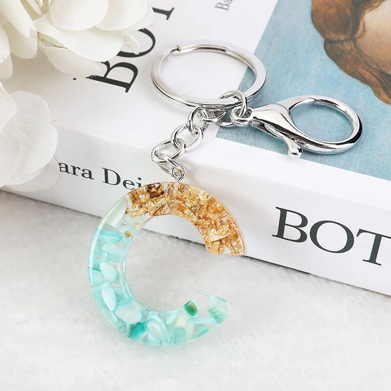New English Alphabet Blue Glitter Gradient Resin Gold Foil Crafts Keychain Men and Women Couple Fashion Jewelry | Украшения и