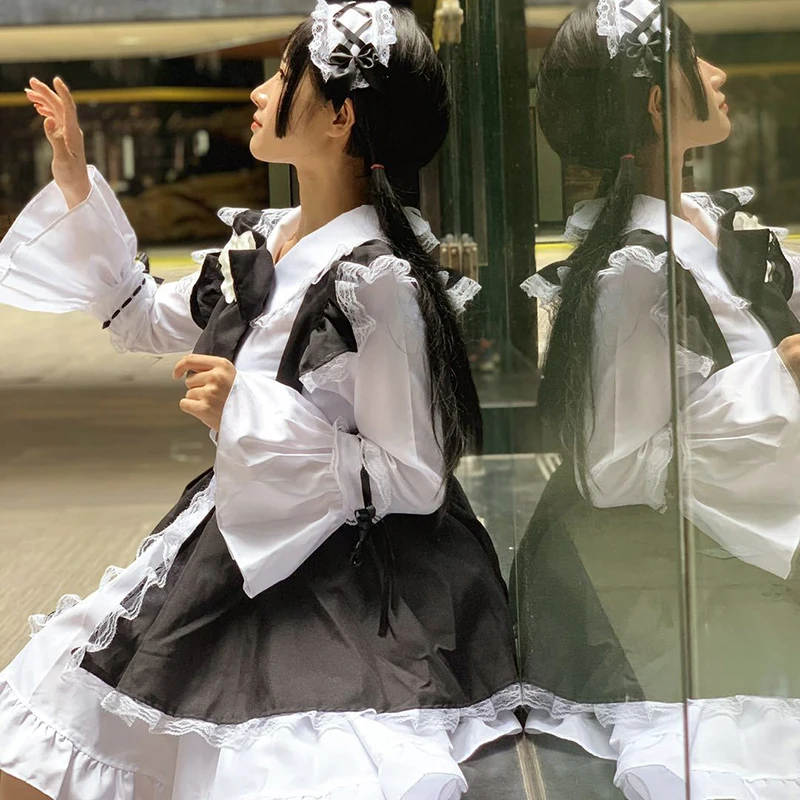 Костюм Харадзюку платье горничной лолиты Kawaii боди с длинными рукавами Черный обтягивающий винтажный белый японский милый девушка косплей платья