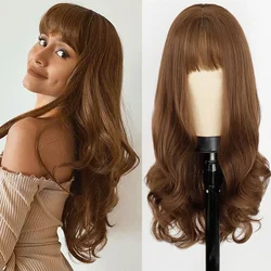 Long Body Wave Wig Womens Wig Natural with bangs Synthetic Wigs Gray/Brown/Black Wigs Heat Resistant for Women