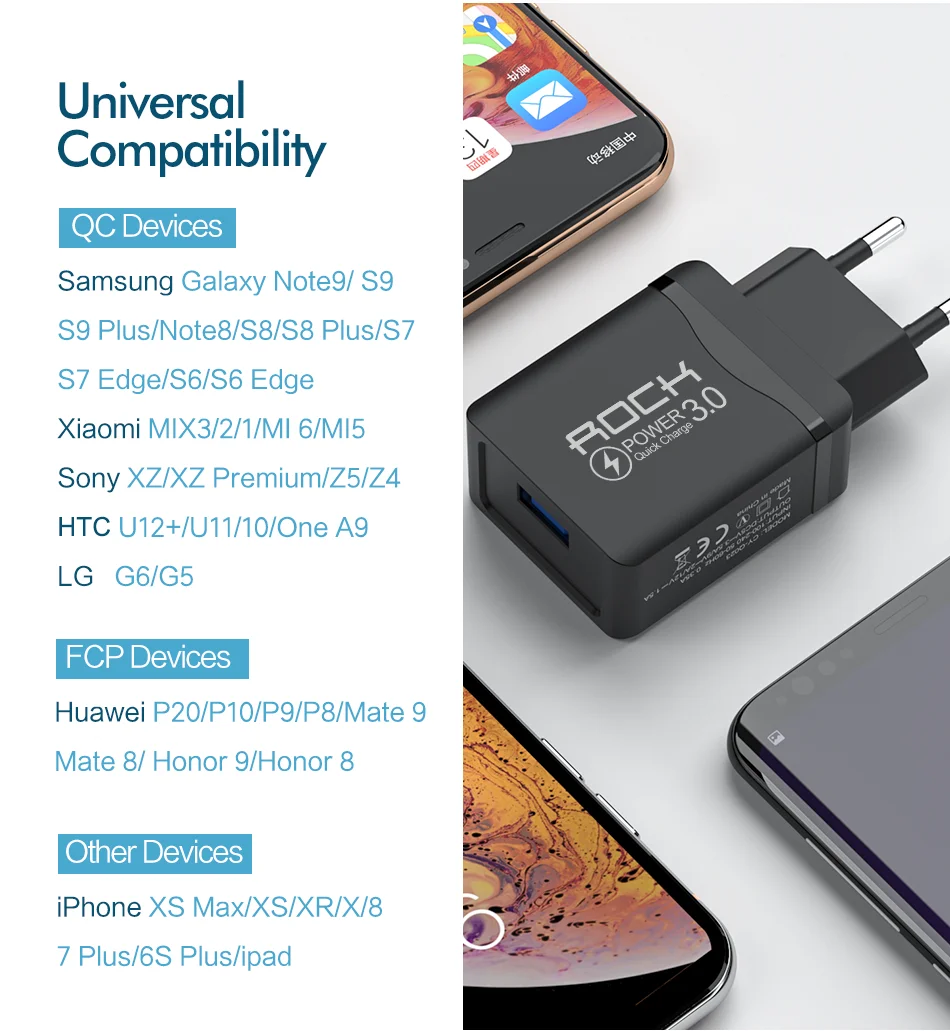 ROCK Quick Charge 3,0 USB зарядное устройство 18 Вт QC 3,0 Супер быстрая зарядка настенное зарядное устройство для мобильного телефона iPhone samsung Xiaomi адаптер