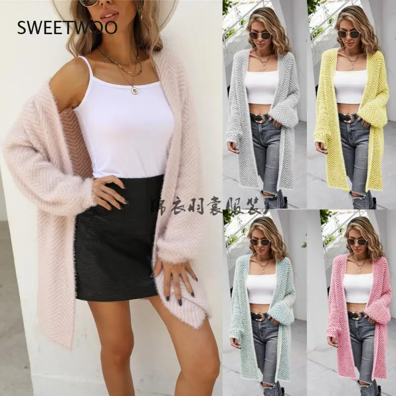 

2021 New Loose Knitted Cardigan Sweater for Women Open Stitch Long Sleeve Autumn Spring Coat Solid Casual Cardigan Oversize Coat