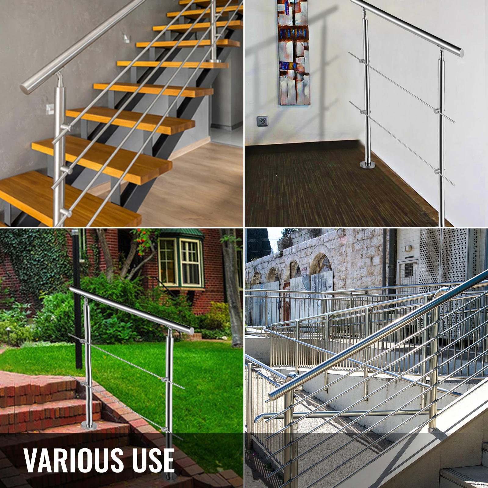 VEVOR 100/150 CM Handrail Stair Railing 2-5 Rail Safety Handrail Balustrade Stainless Steel With Cross Bars For Steps Railing