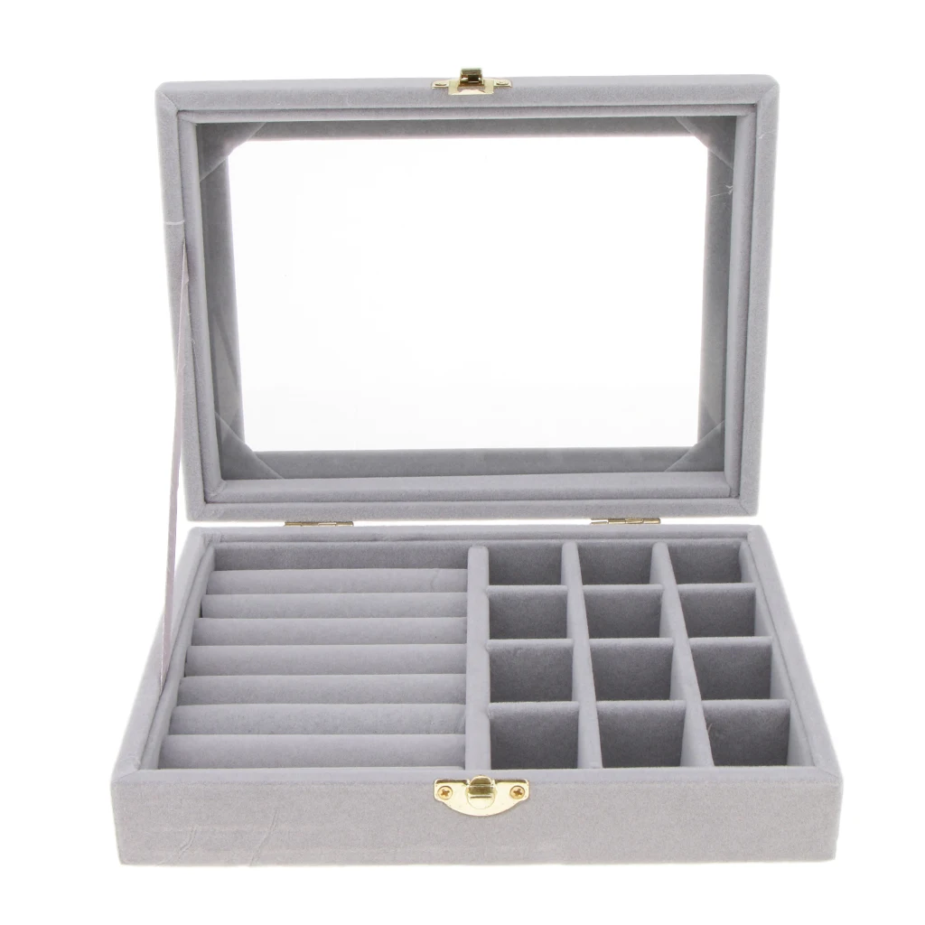 Переносная коробка для хранения ювелирных изделий для дома и путешествий, 12 сеток и 6 слотов, кольца с верхней стеклянной крышкой, серьги, запонки, безделушки, чехол для дисплея - Цвет: Gray