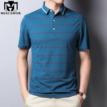 

MIACAWOR 2020 Summer Short-sleeve Tee shirt Homme Cotton Polo shirts Men Classic Striped Casual Camisa Polos Men Clothes T832