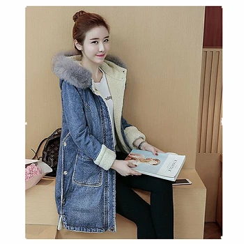 

Winter new women long section large fur collar denim cotton jacket plus cashmere cashmere loose casual warm cotton clothing K241