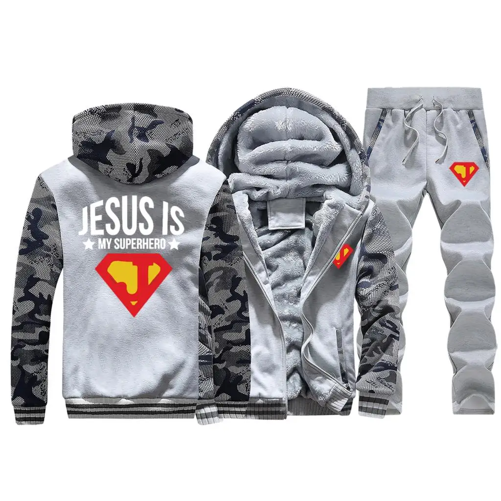 Комплект мужской одежды с принтом «Jesus Is My Super Hero», Толстые Мужские комплекты с суперменом, зимняя уличная одежда, флисовые военные штаны, толстовка - Цвет: Light Gray