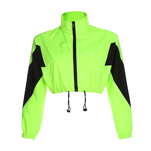 Green Mnealways18 зеленый Модный неоновый укороченный топ Женская Лоскутная Толстовка Свободная Толстовка с длинным рукавом на молнии куртка с отложным воротником - Цвет: Green