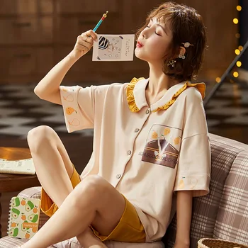 

Summer New Cotton Pajamas Women Loose Large Size Short Sleeve Shorts Suit Student Sweet Home Service