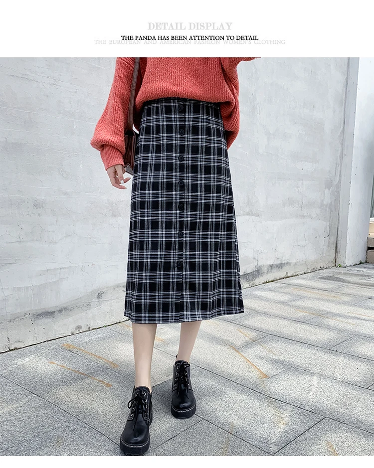 Зимние женские юбки, Ретро стиль, Boho, клетчатая юбка средней длины, для девочек, высокая талия, трапециевидная юбка, однобортная уличная одежда