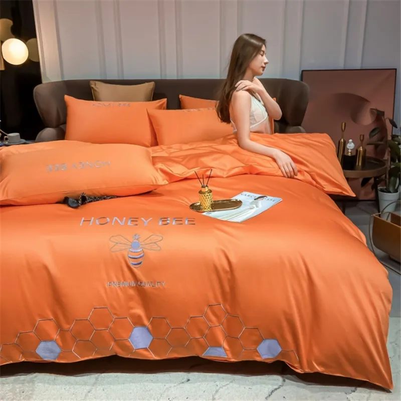 100% Cotton Comforter Covers Orange Bedding Set Bee Embroidery Solid Color Highend Quilt Cover with Flat Sheet Pillow Case | Дом и сад