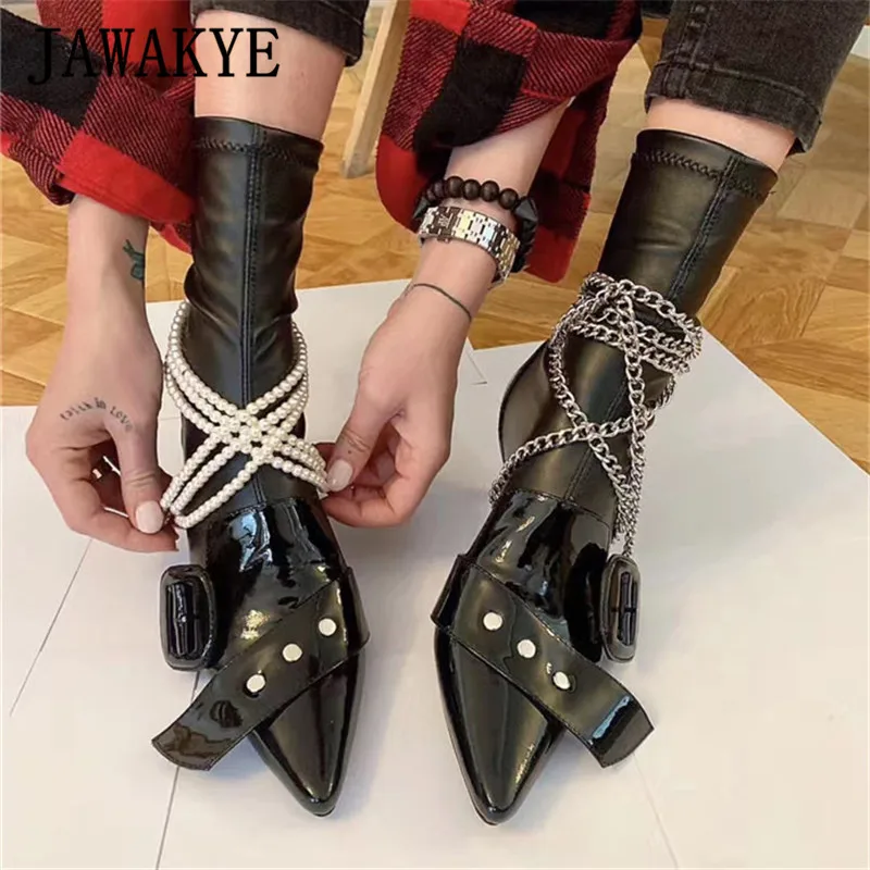 

New British Point toe ankle boots women Black green Leather Elastic Sock boots Buckle kitten heel Slim Slender boots botas mujer