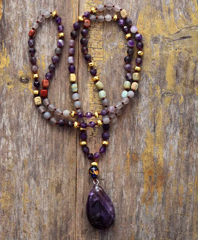 New Quality Frosted Natural Stones Teardrop Pendant Necklace Women Amethysts Ethnic Beaded Lariat Necklace Jewelry Wholesale - Image 2