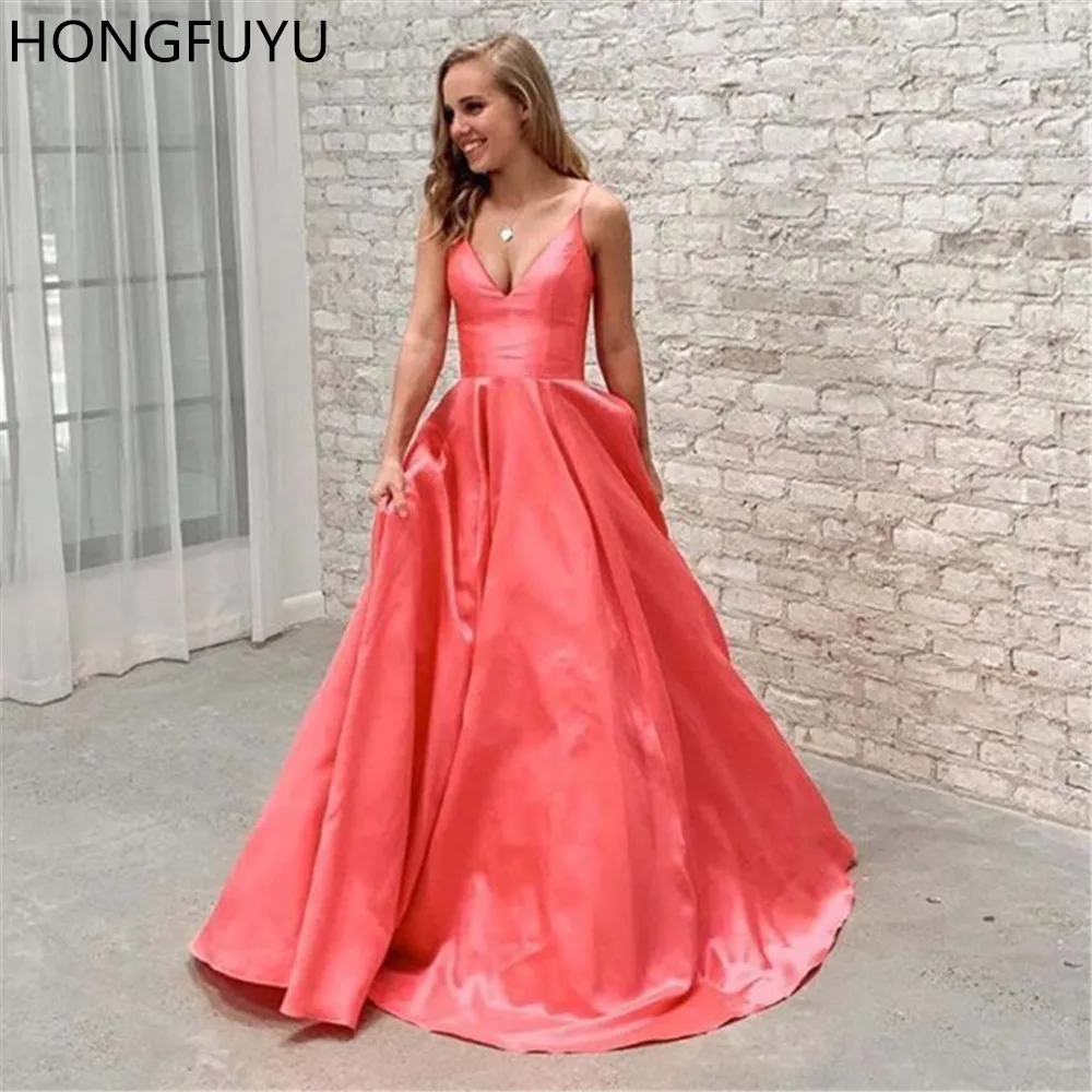 

HONGFUYU A-Line Coral Evening Dresses Spaghetti Straps Long Satin Robe De Soiree Party Prom Dress for Bride Banquet Formal Gowns