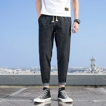 

Large size Jeans Men Black Gray Stretch Elastic Waist Drawstring Slim Casual Pants Classic men Oversized loose Straight pants