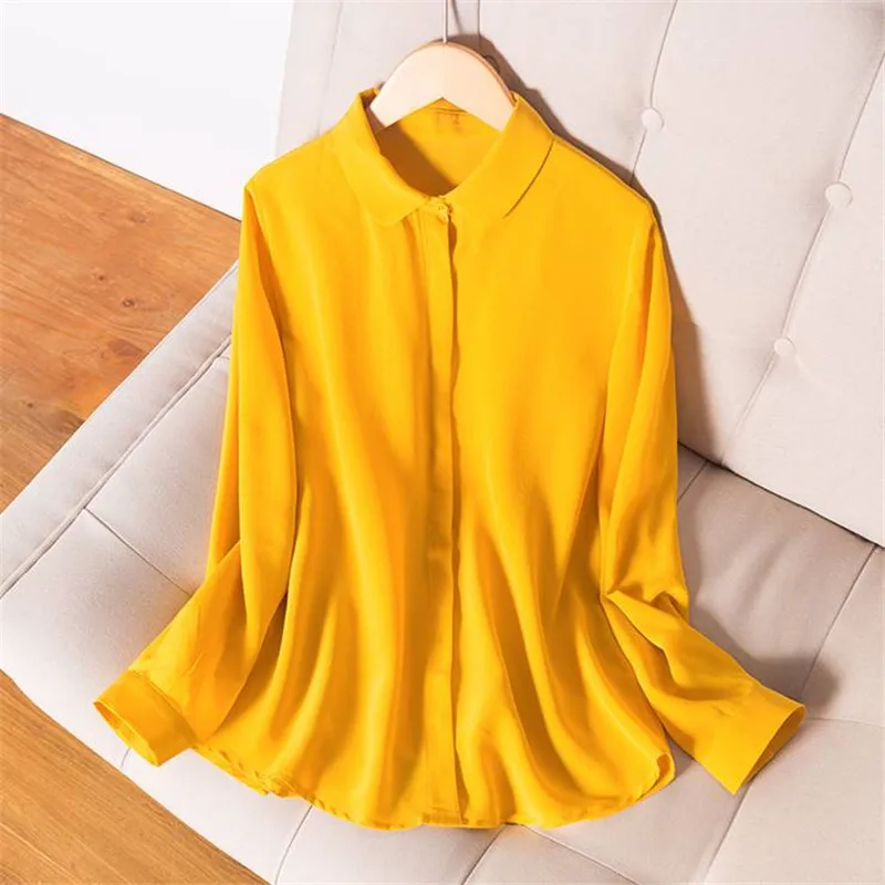 YELLOW Новинка, рубашка из натурального шелка, отложной воротник, шелк тутового цвета, Топ с длинным рукавом, женские желтые свободные блузки, M L XL - Цвет: YELLOW