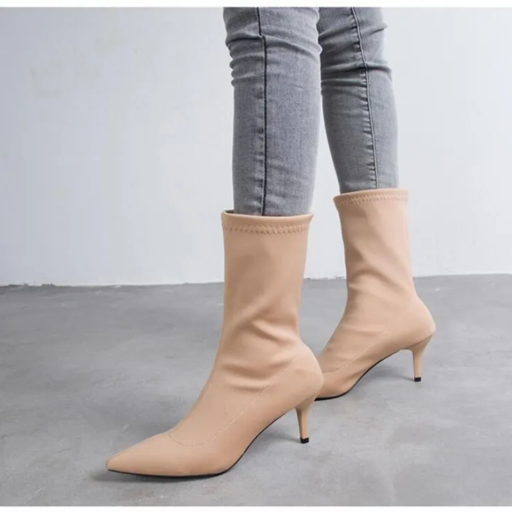 EOEODOIT/6,5 см; сапоги на шпильке; эластичные туфли-лодочки на среднем каблуке; Осенняя женская модная обувь без застежки с острым носком - Цвет: apricot