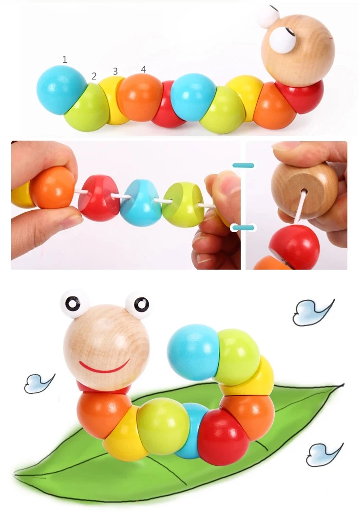 Montessori sensorial детей Детская деревянная игрушка разноцветными листьями и гусеница развивающие игрушки ассемблинг блок игрушка