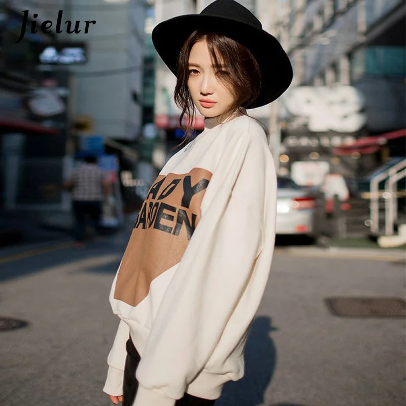 Jielur белый свитер женский с буквенным принтом Sudadera Mujer Свободные Теплые шикарные