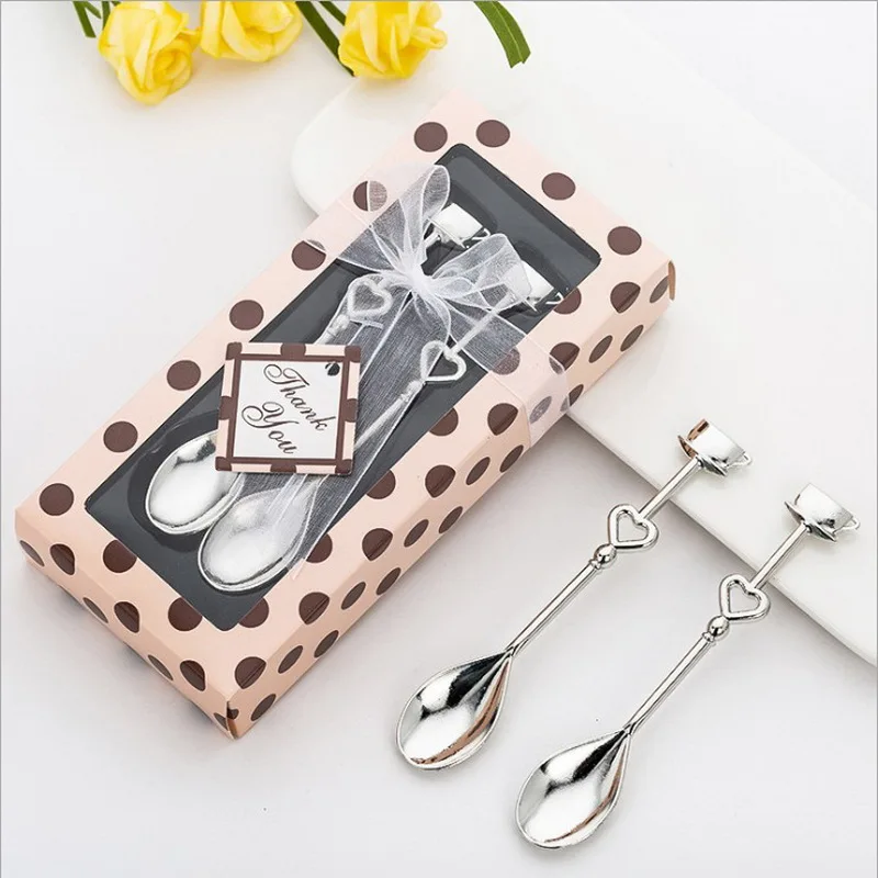 pink 6 SETS Coffee Cup Design Stainless Steel Couple Spoons in Polka Dot Gift Box Wedding&Bridal Shower Favors - Цвет: pink