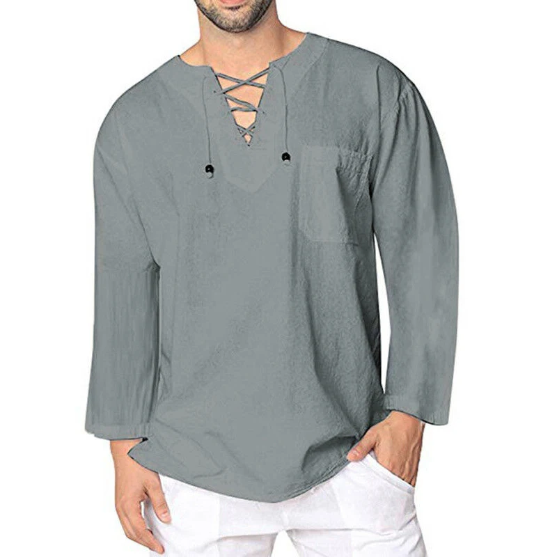 Hot Men Solid Baggy Shirt Cotton Linen Hippie Shirt Summer Mens Fashion Casual Street Daily Long Sleeve V Neck Shirt Five Color