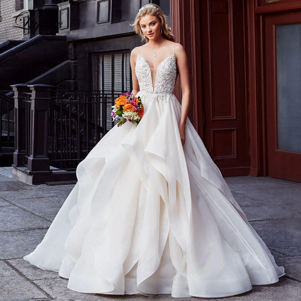 

Liyuke Deep V Neckline Of A Line Wedding Dress Stunning Organza Skirt Of Spaghetti Strap Wedding Gown