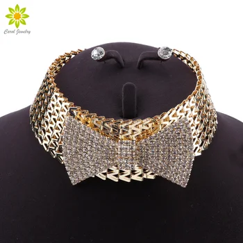 

Crystal Bridal Jewelry Sets Gold Color Rhinestone Bow Pendant Necklace Wedding Engagement Jewelry Sets for Women